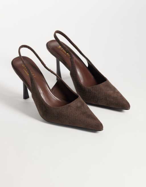 Simmi London Inara slingback heeled shoes in embossed brown suedette, 3 of 4
