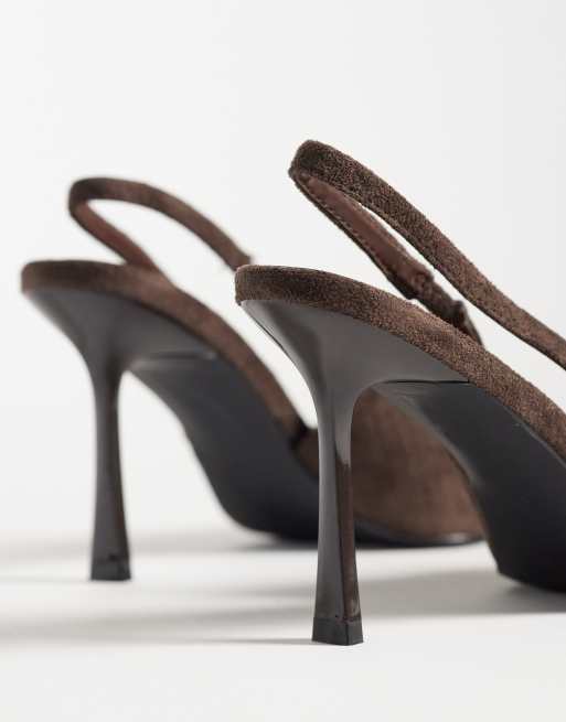 Simmi London Inara slingback sko med hæl i præget brun suedette, 4 af 4