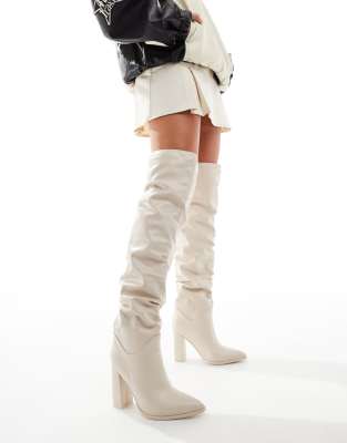 Simmi London Jacq Over the Knee Rouched Boot in Cream-White