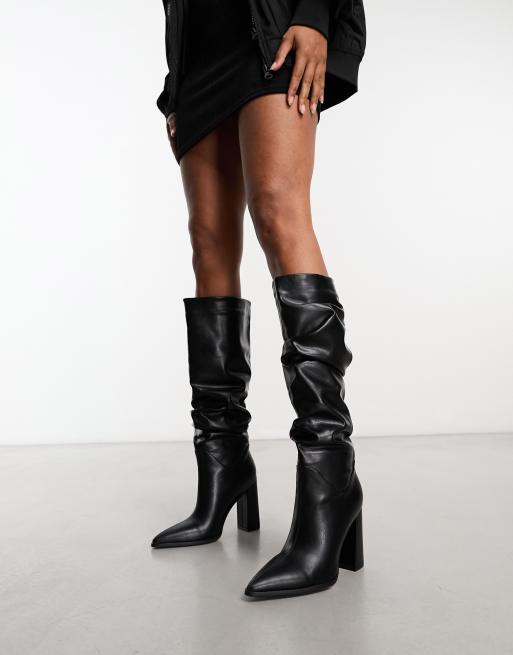 Black ruched knee high hot sale boots