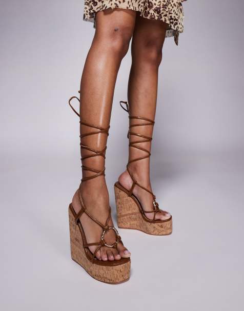 Simmi London Jadey strappy high heeled wedges in brown - view 1