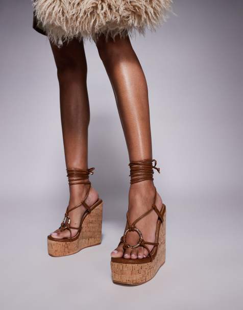 Simmi London Jadey Wide Fit strappy high heeled wedges in brown - view 1