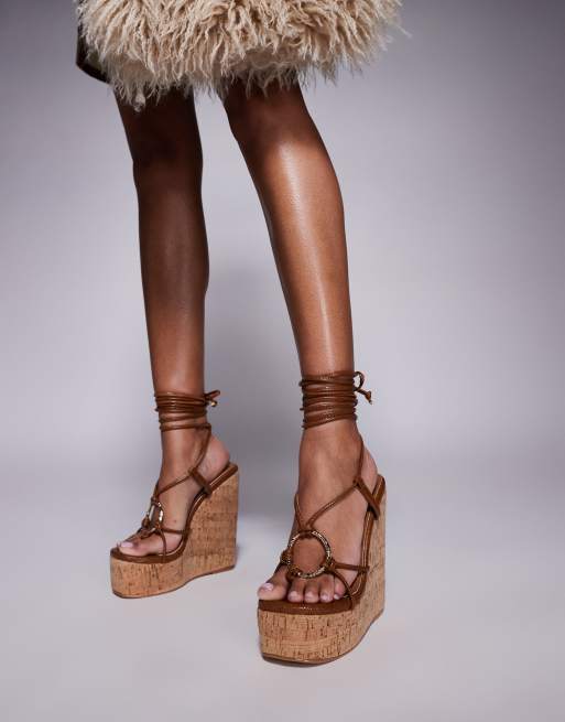 Simmi London Jadey Wide Fit strappy high heeled wedges in brown