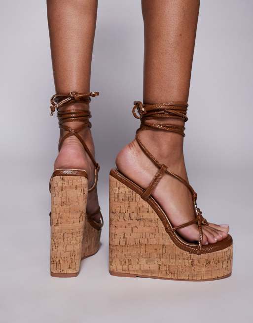 Simmi London Jadey Wide Fit strappy high heeled wedges in brown