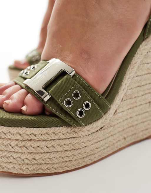 Simmi London Jamaica High Espadrille Wedges with Eyelet Buckle Detail in khaki Green