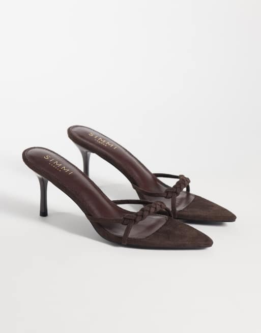 Simmi London Jamala braided heeled mules in brown suedette, 2 of 4