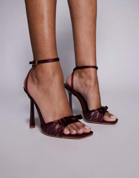 Simmi London – Janeena – Vinröda klacksandaler med spets - view 1