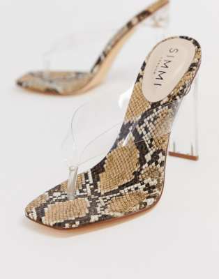 simmi vanessa snake clear detail toe loop heeled sandals