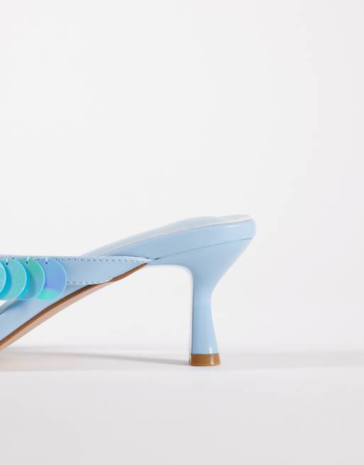 Simmi London Jenny kitten heel flip flop sandals with sequins in blue, 3 of 4