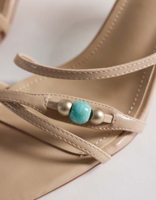 Simmi London Jenny kitten heel sandals with beads in beige, 3 of 4