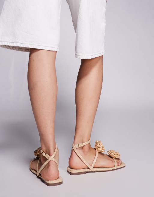 Simmi London Johanna raffia sandals with flower detail in natural