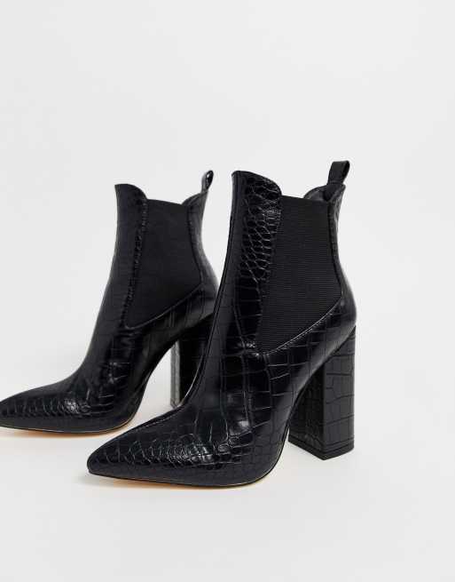 Simmi London Joyce heeled ankle boots in black croc | ASOS