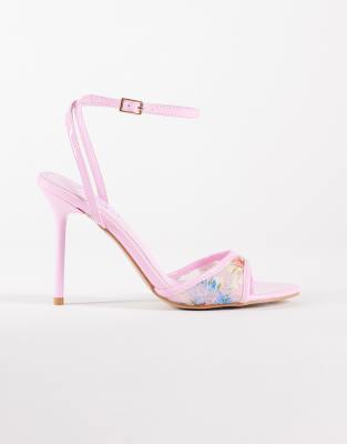 Simmi London Juby heeled sandals with flower embroidery in pink | ASOS