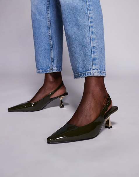 Simmi London – June – Olivgröna, lackade skor med spetsig tå, hälrem och taxklack - view 1