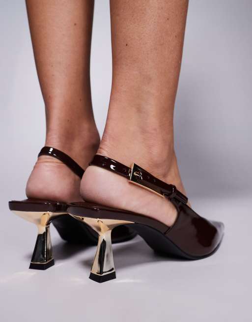 Simmi London June pointed slingback kitten heels in brown patent, 3 of 4