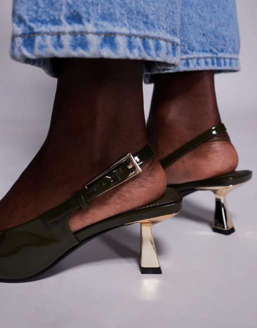 Simmi London June pointed slingback kitten heels in olive patent, 2 of 4