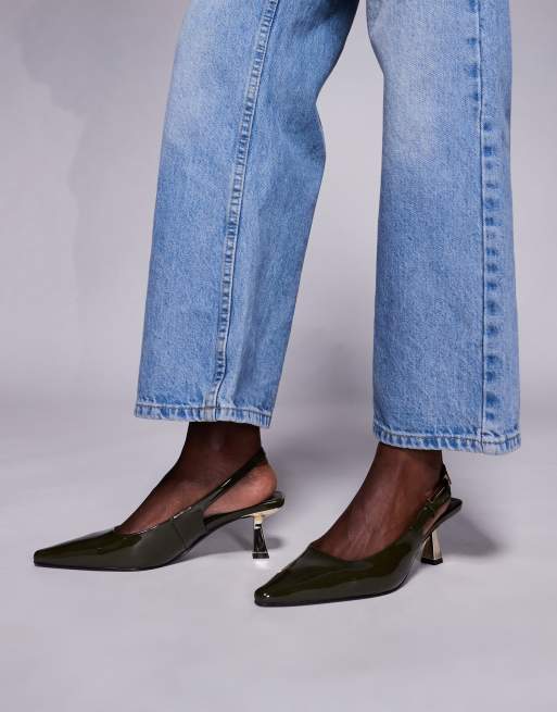 Simmi London June pointed slingback kitten heels in olive patent, 3 of 4