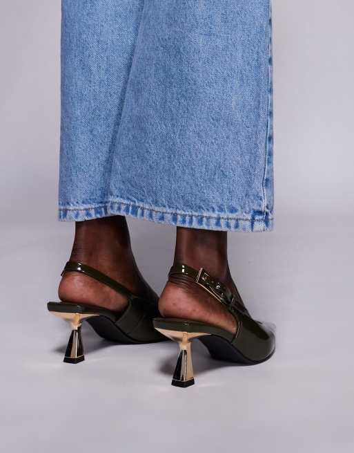 Simmi London June pointed slingback kitten heels in olive patent, 4 of 4