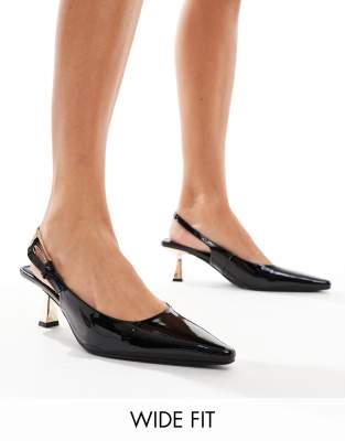 Simmi London June Wide Fit pointed slingback kitten heels in black patent