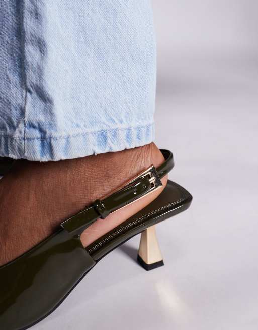 Simmi London June Wide Fit pointed slingback kitten heels in olive patent, 2 of 4