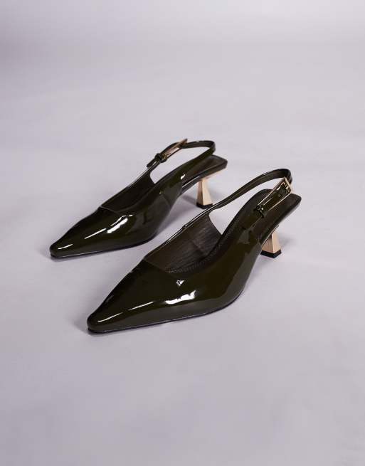 Simmi London June Wide Fit pointed slingback kitten heels in olive patent, 3 of 4