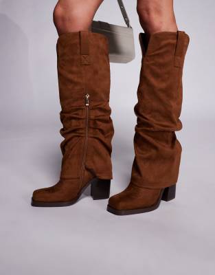 Simmi London Kalvin fold over knee high western boots in tan suede-Brown