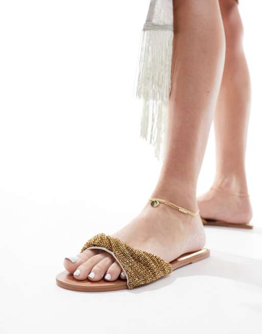 Simmi London Kenya embellished strap flat sandal in gold