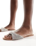 [SIMMI Shoes] Simmi London Kenya embellished strap flat sandals in silver 36 Silver