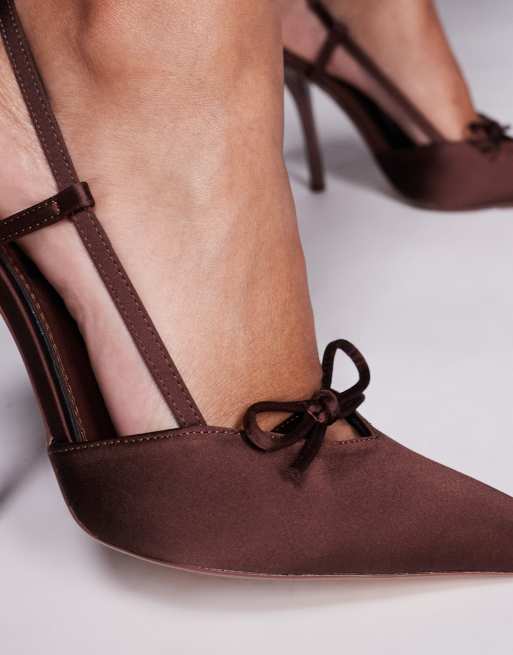 Simmi London Klara heeled slingback pumps in chocolate satin, 3 of 4
