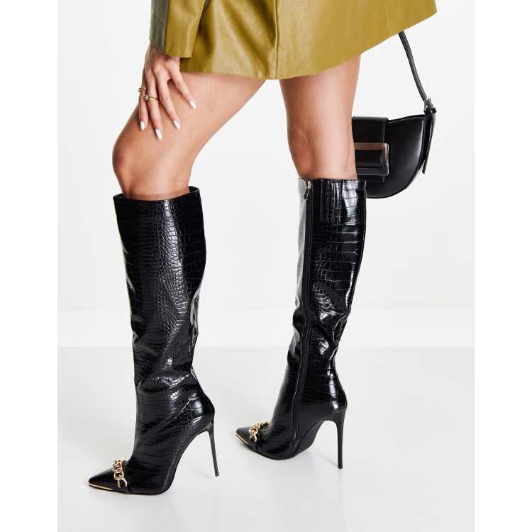 Simmi london melisa knee boots in with metal plating in black croc hot sale