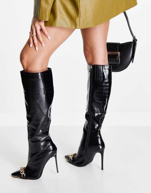 Simmi London knee high boots in black croc ASOS