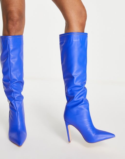 Simmi London knee high heeled boots with exposed zip in blue, 4 of 4