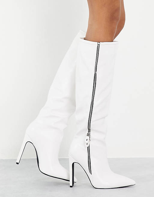 Simmi London knee high heeled boots with exposed zip in white | ASOS
