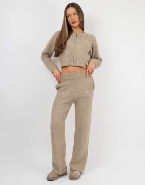 Simmi London knited bomber & wide leg trousers in light brown - view 1