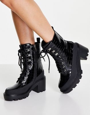 Simmi London lace up boots in black patent croc