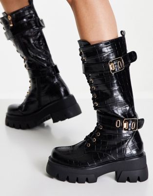 Simmi London lace up boots with buckle detail in black croc