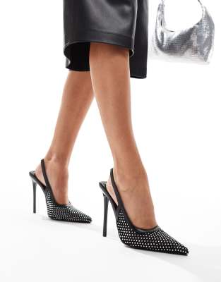 Simmi London Lailla Heeled slingback pumps in black mesh diamante