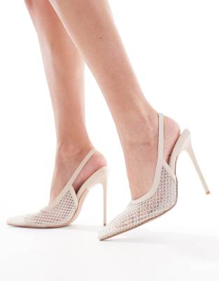 Simmi Shoes Simmi London Lailla Sling Back Heeled Shoes With Embellished Mesh In Cream-white