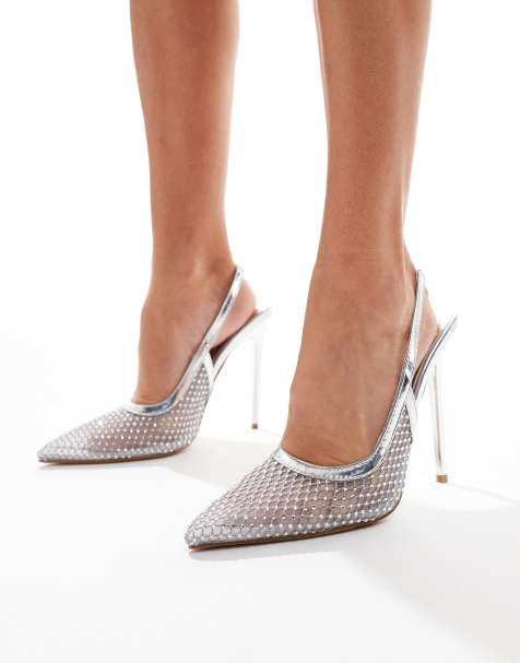 Simmi London - Lailla - Sølvfarvede slingback-sko i mesh med rhinsten og hæl - view 1