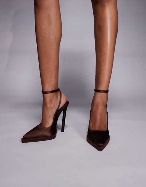 SIMMI London - Landen - Escarpins satinés à talon et semelle plateforme - Marron, 4 de 4