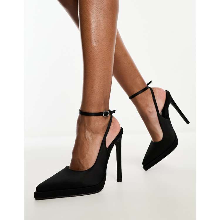 Simmi London Landen platform heeled court shoe in black satin | ASOS