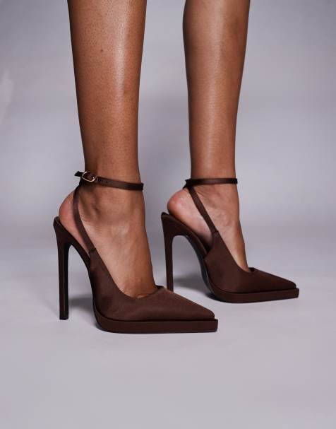 Simmi London Landen Wide Fit platform heeled court shoe in brown satin - view 1