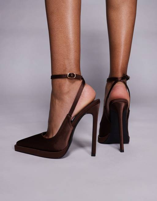 Simmi London Landen Wide Fit platform heeled pumps in brown satin