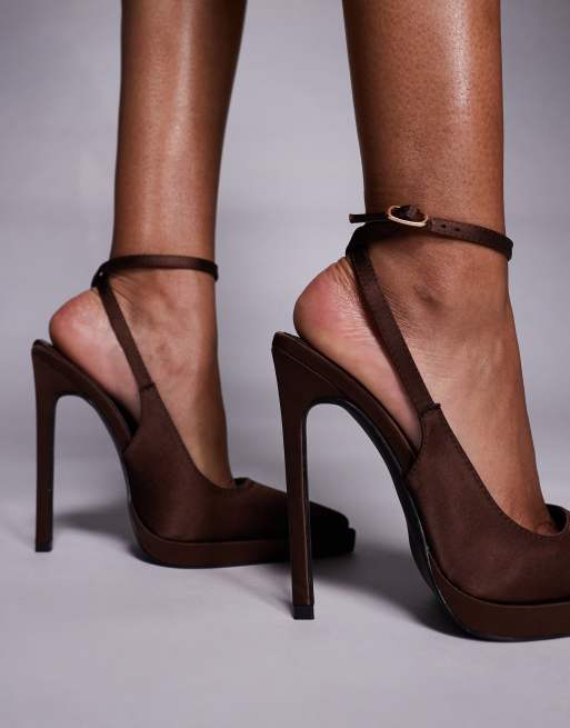 Simmi London Landen Wide Fit platform heeled pumps in brown satin