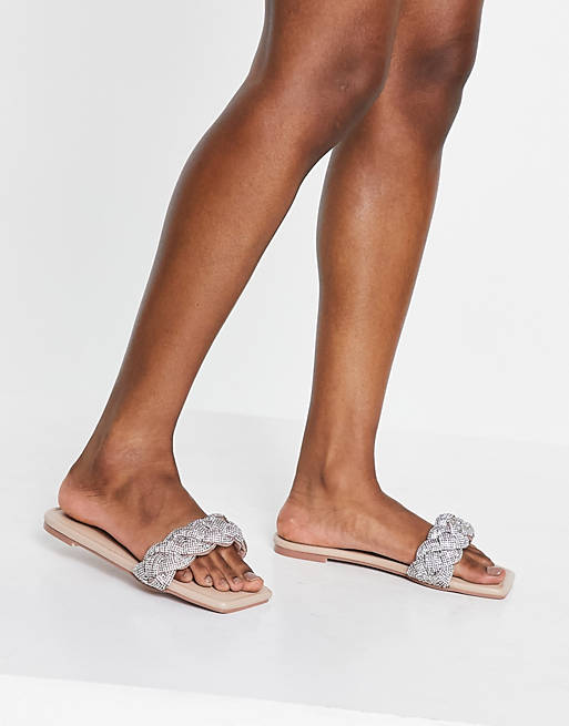 Women Flat Sandals/Simmi London Latana jewelled plait slide sandals in beige 