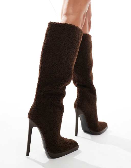 Simmi London Laylani teddy knee boots in chocolate