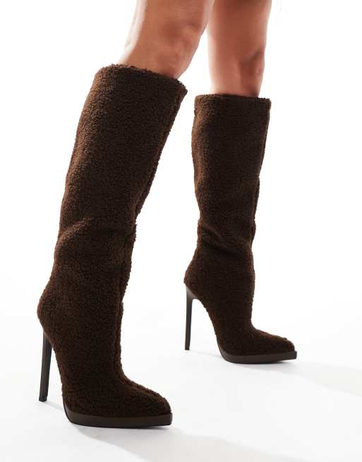 Simmi London Laylani teddy knee boots in chocolate