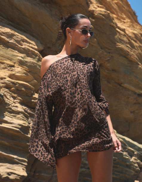 Simmi London Leapord print beach chiffon mini dress in brown - view 1