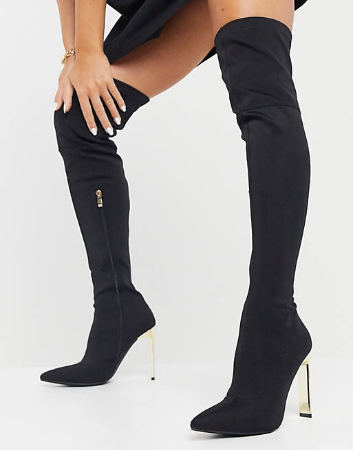 Simmi London Liane stretch over the knee boots with gold heel in black ...