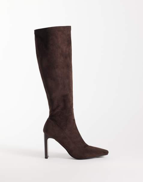 Simmi London Londyn heeled sock knee boots in brown suedette - view 1